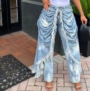 Forever Unique Light Blue Ruched Fringe Straight-Leg Jeans
